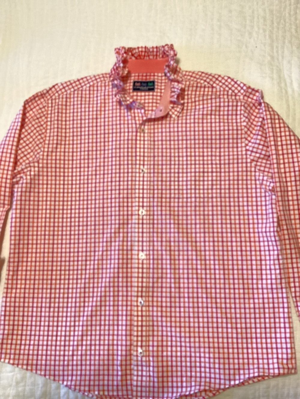 Charleston Threads Mens Upcycled Ruffle Neck Windowpane Check Shirt Red/orange